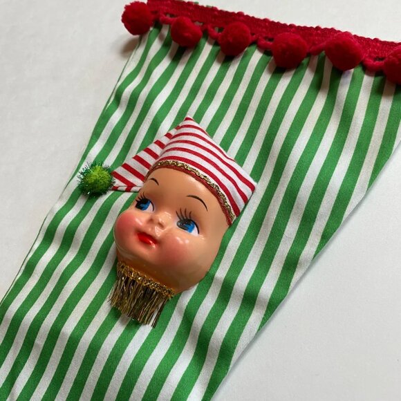 Christmas Stocking with Dolly Face Holiday Decor Xmas Vintage Handmade - Picture 4 of 5